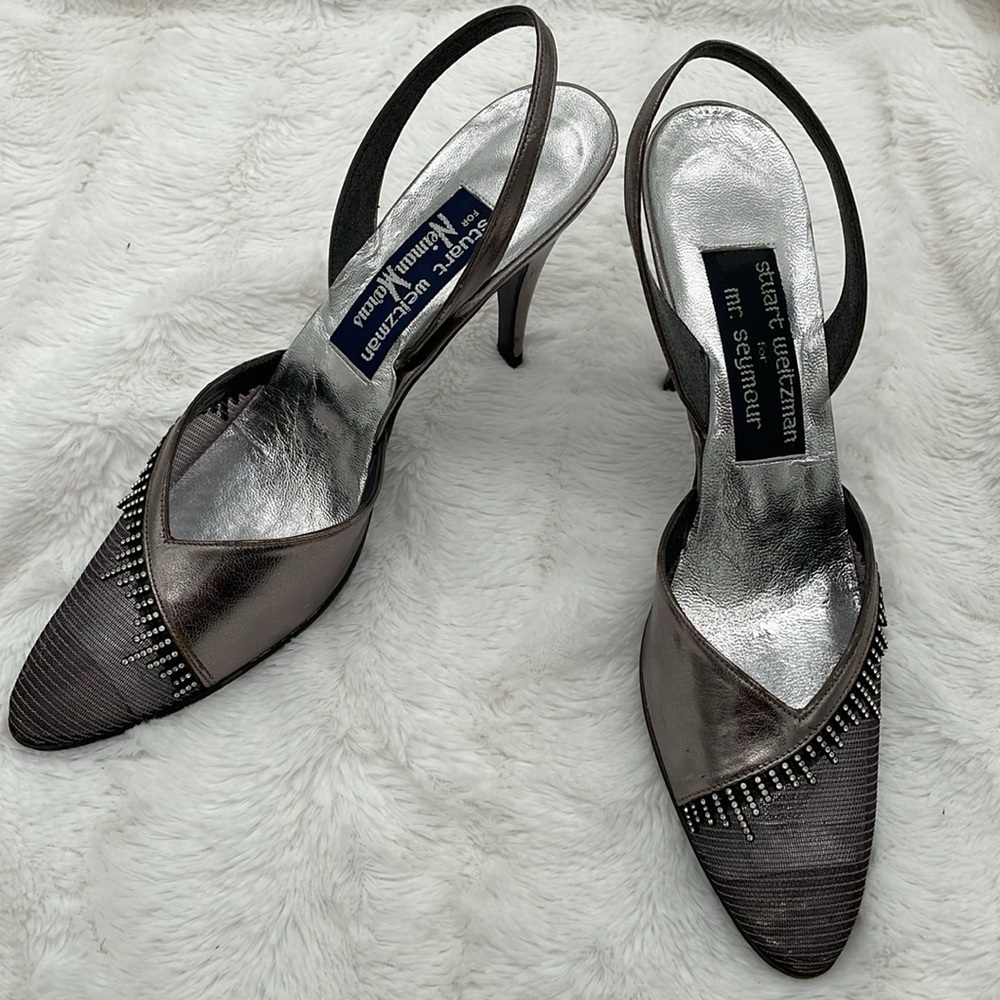 Stuart Weitzman for Neiman Marcus Pewter Leather. Mesh & Rhinestone Slingbacks